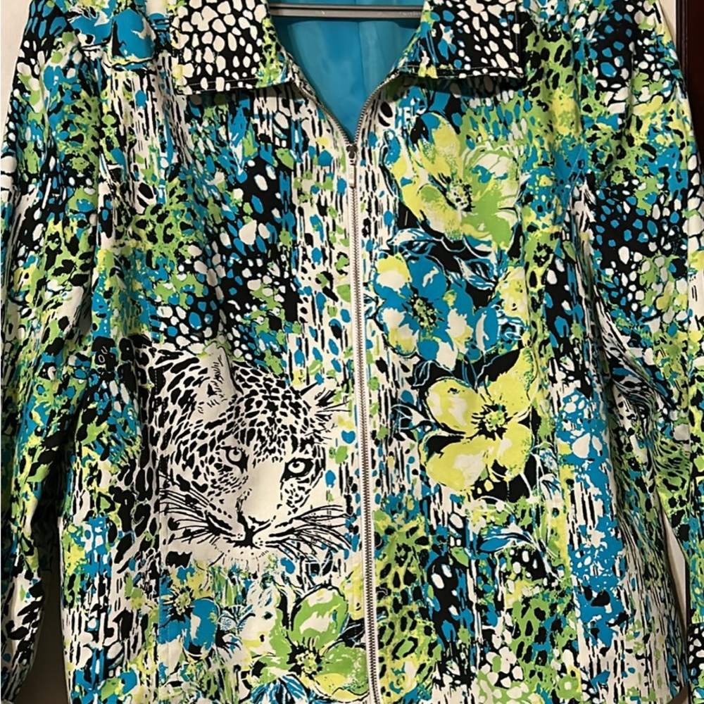 Nancy Bolen City Girl Turquois/green Floral Theme Collar Cotton Jacket, XL